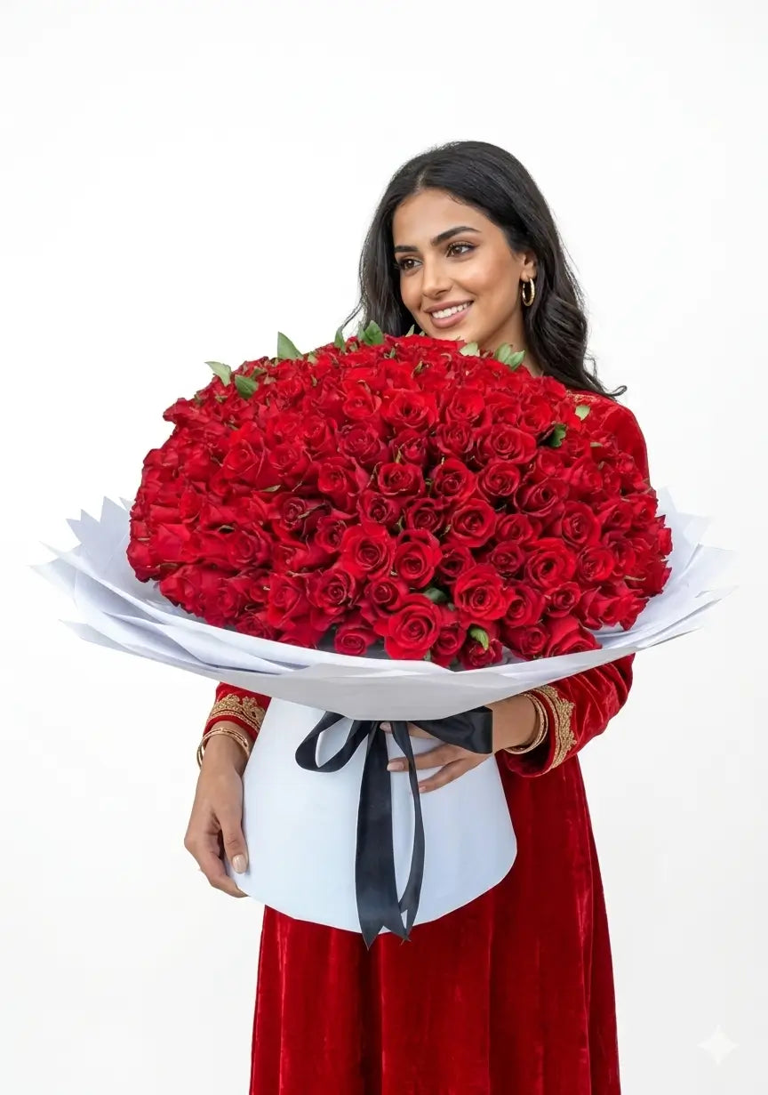 Premium 100 Red Roses Signature Bouquet Flowers Dubai | Luxury & Cheap Bouquet Delivery