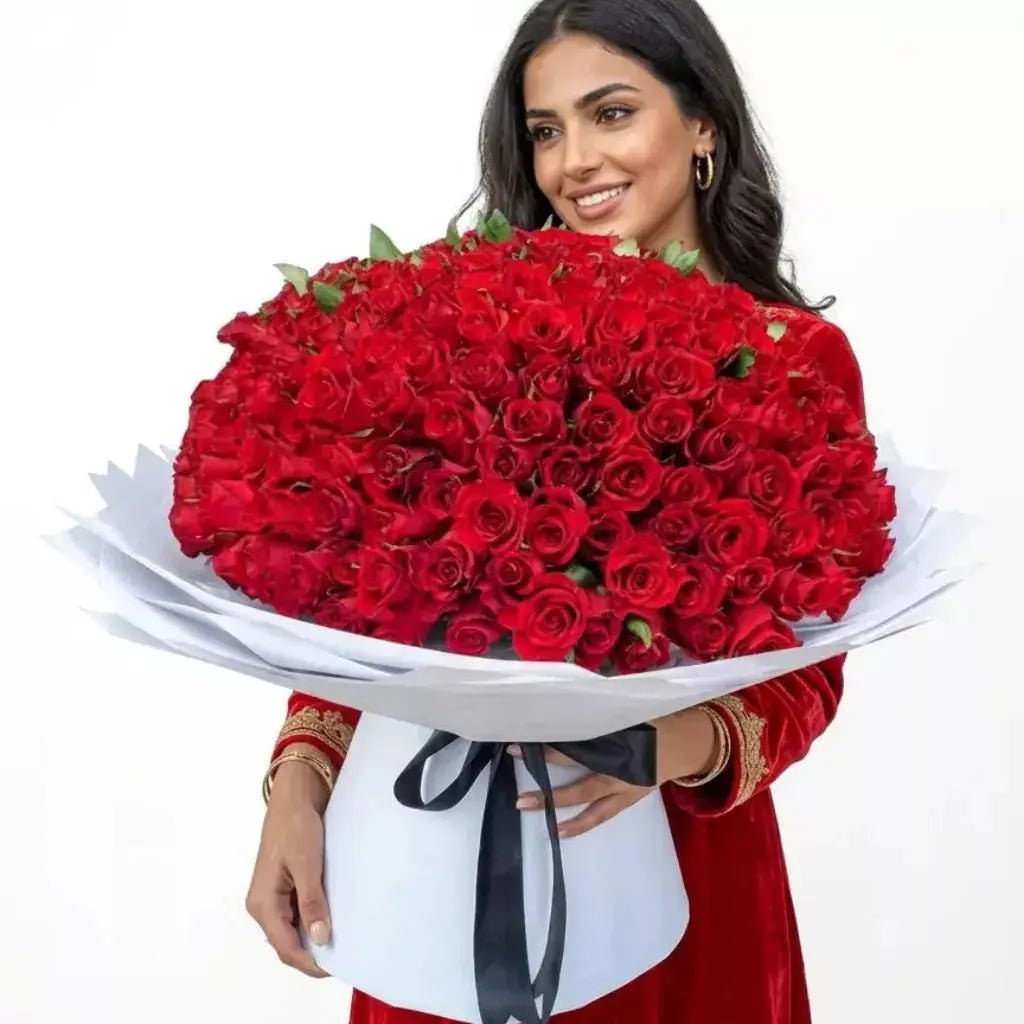 Premium 100 Red Roses Signature Bouquet Flowers Dubai | Luxury & Cheap Bouquet Delivery - FLOWERSBOX.AE