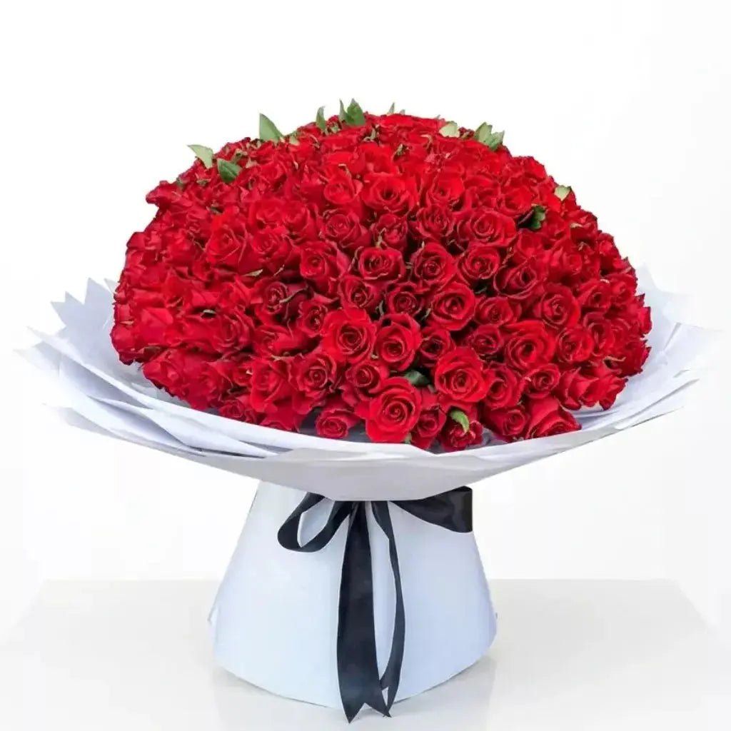 Premium 100 Red Roses Signature Bouquet Flowers Dubai | Luxury & Cheap Bouquet Delivery - FLOWERSBOX.AE